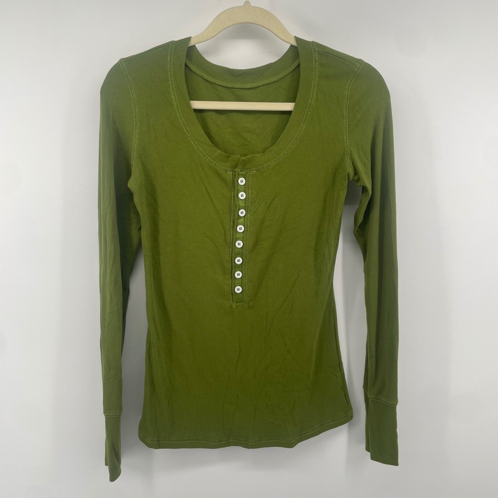 Henley Top Women Medium Green Ribbed Long Sleeve Scoop Neck Basic Elena Bella